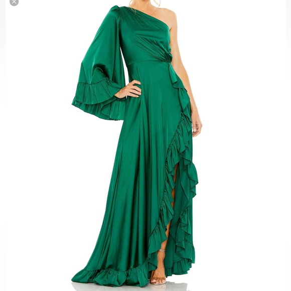Mac Duggal Dresses & Skirts - Ieena Mac Duggal Long One Sleeve Asymmetrical Ruffle Hem Gown Size 10 Emerald